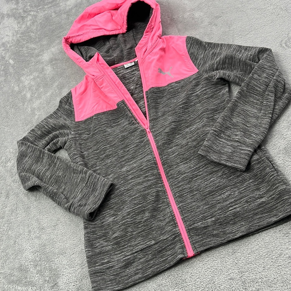 Puma L 14/16 Pink Gray Full Zip Hoodie, Lightweight Jacket